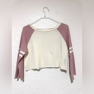 🌸 POL 🌸New Women's Dusty Rose & Cream Raglan Cropped Long sleeve Tee Size Small